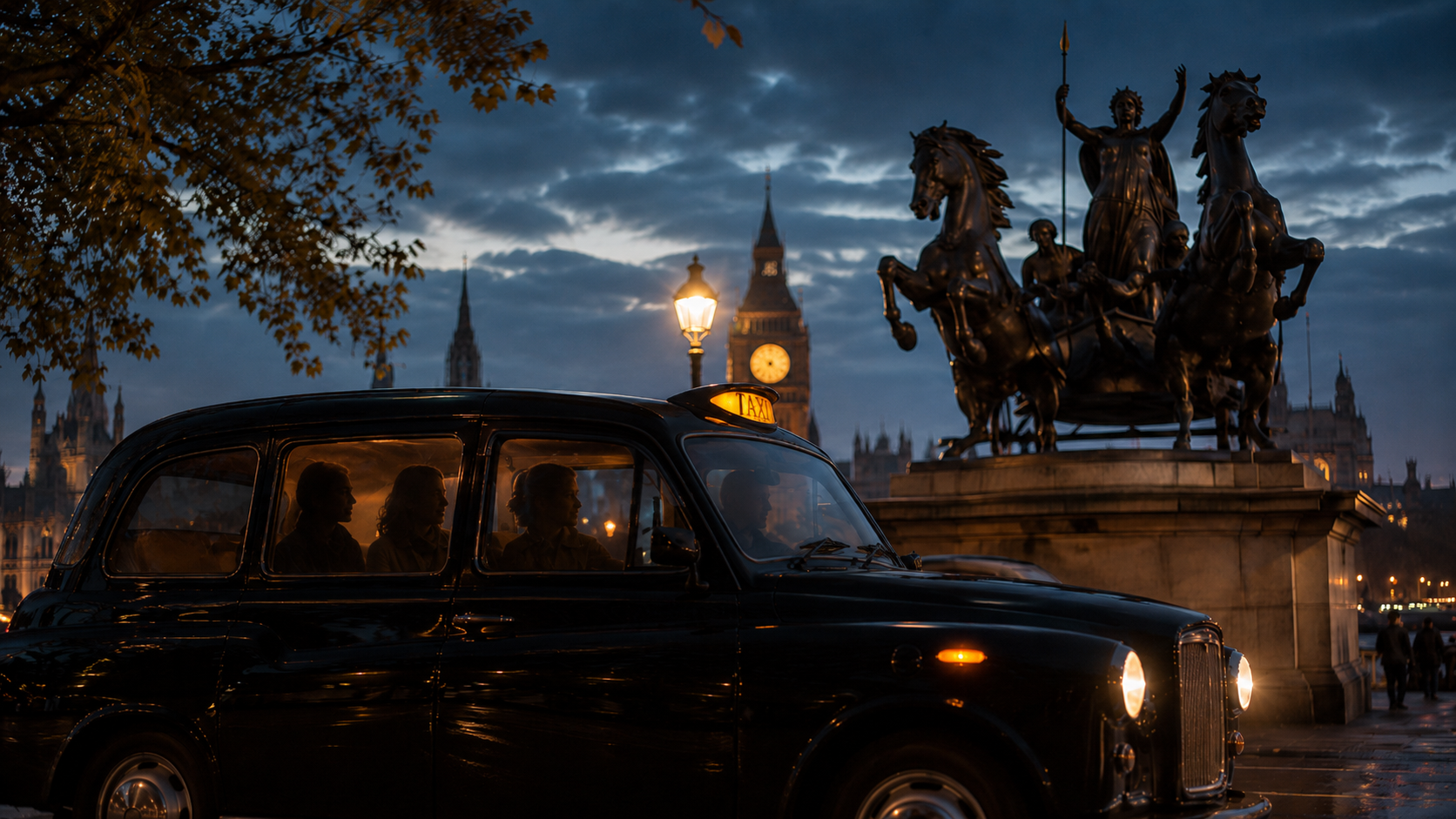 A London black cab at night — the traditional black taxi tour