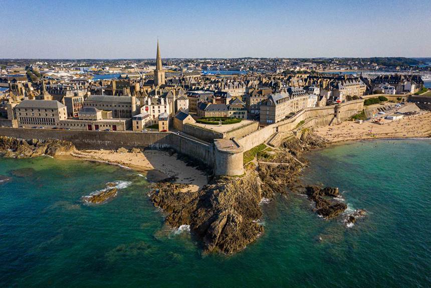 Saint-Malo from the air — the walled granite city on its rock